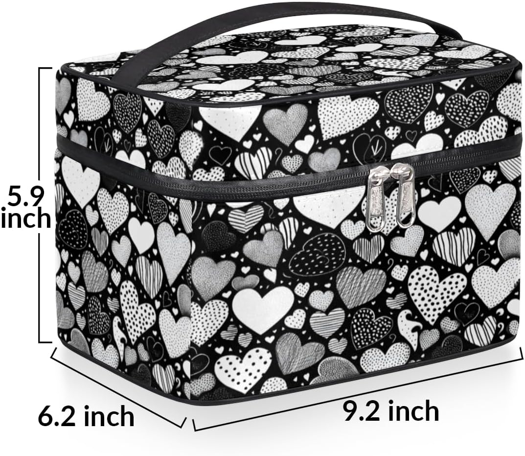 heart Makeup Bag Organizer Toiletry Bag Vanity Case White Black Portable Cosmetics Make Up Bag Zipper Pouch Case Organizer Waterproof Travel Toiletry Storage Bag for Women
