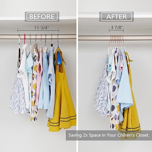 Miniatura 4 de MIZGI Perchas de terciopelo prémium para niños (paquete de 50) de 14 pulgadas de ancho con ganchos de cobre oro rosa, ahorro de espacio, perchas