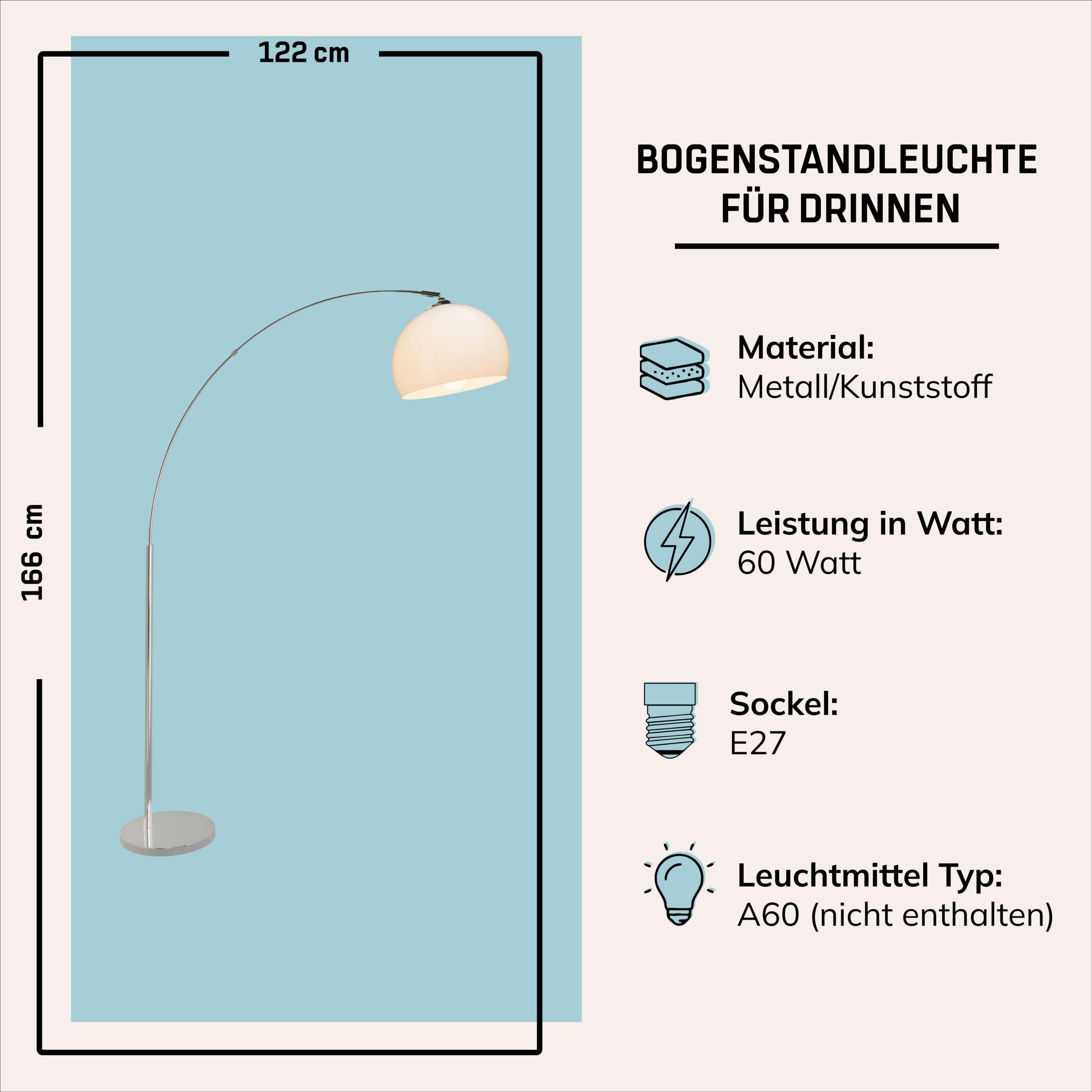 Lightbox Bogenlampe 166 cm, Chrom & Weiß, schwenkbare Lampe | Große Stehlampe mit Fußschalter, E27, max. 60 W, elegantes Statement-Piece fürs Wohnzimmer