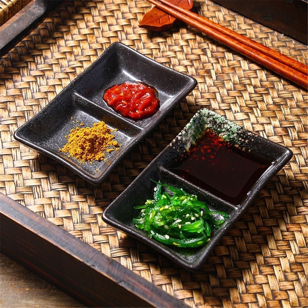 Bowl for Sauce Double-grid Ceramic Soy Sauce Plate Barbecue Seasoning Dipping Dish Divide Sushi Meals Dishes(Black brown)