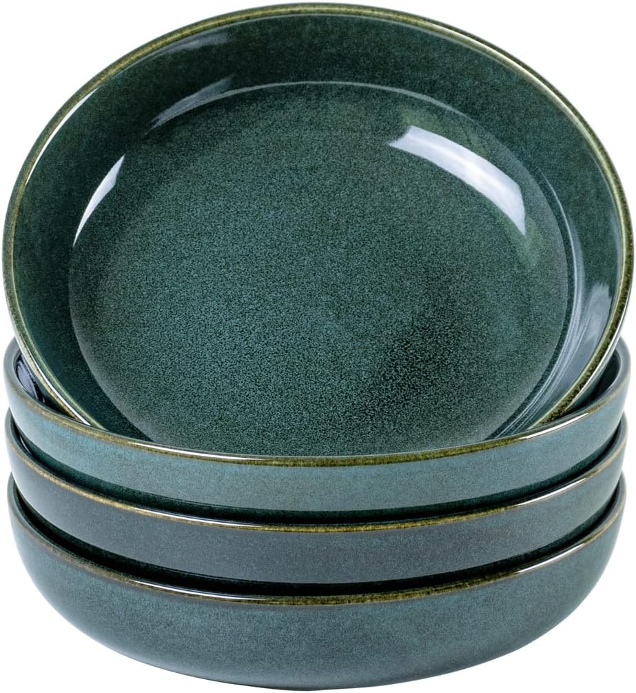 UNICASA Ceramic Pasta and Salad Bowls Set of 4, 26 oz Reactive Glaze Dish Bowls, Microwave and Dishwasher Safe, Olive