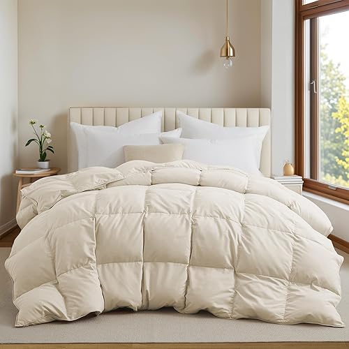 UNIKOME Goose Feather Down Comforter - All Season Duvet Insert with Soft Downproof Cover, Cloud-Like Fluffiness Down Feather Comforters (Cal King, Cream, 108"X94")