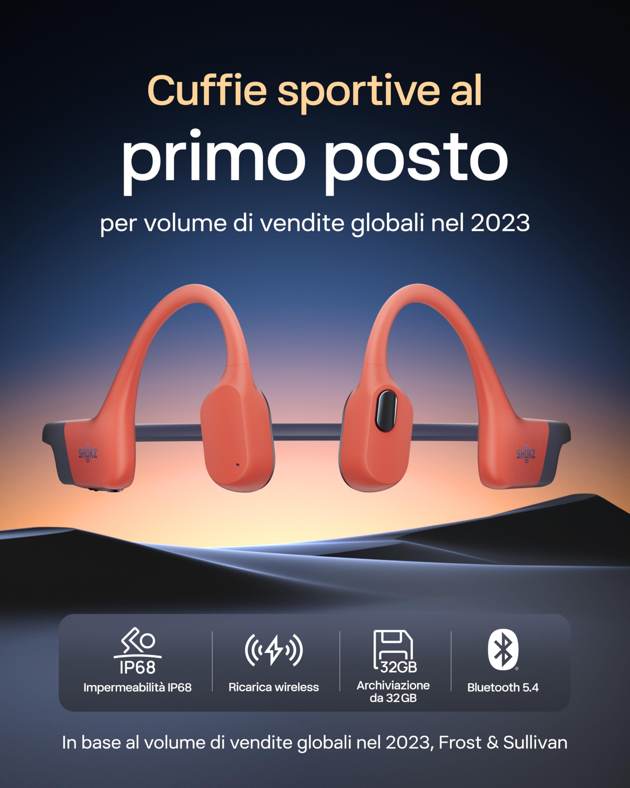 SHOKZ Cuffie sport a conduzione ossea OpenSwim Pro, auricolari wireless Open-Ear impermeabili IP68 con Bluetooth 5.4, 32 GB storage MP3, micr. con canc. rumore, 9 ore ripr. per corsa e nuoto, Rosso