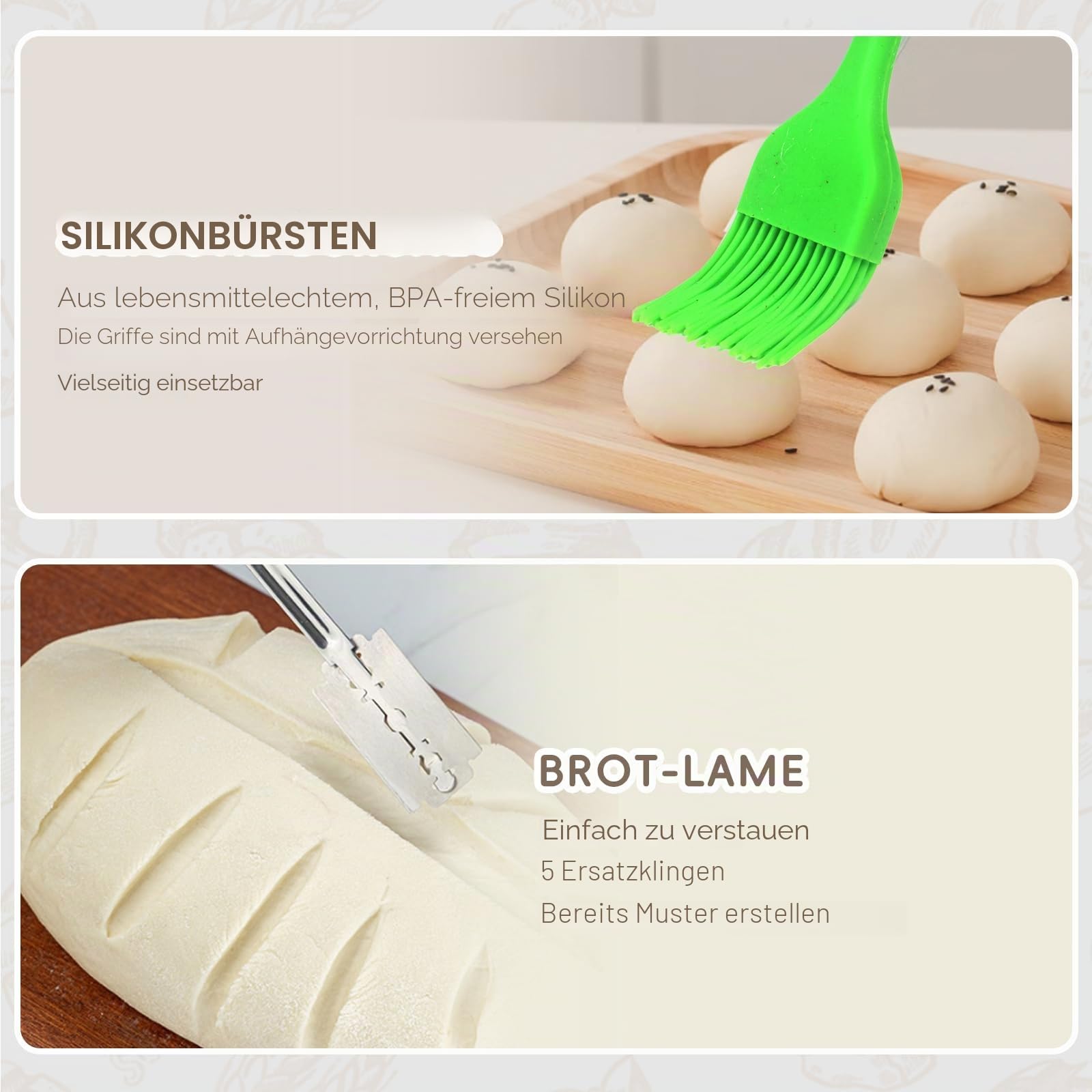 Starter-Set für natürliches Sauerteig. Runder und ovaler Korb für natürliche Fermentation, 100% natürliches Rattan, 600 ml Mutterteig-Topf, Brotmesser, Teigpeitsche