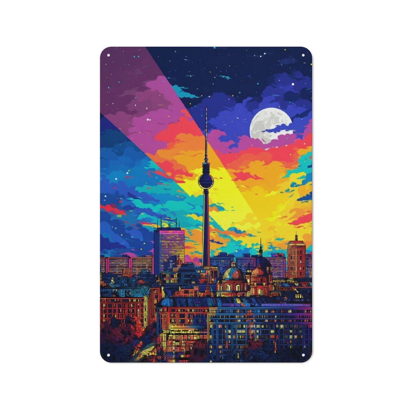 Junmoney Cityscape Under A Starry Sky Warehouse Style Tin Wall Sign 30X20cm Featuring Loft Wall Plaque For Loft, Studio, Office Or Creative Room