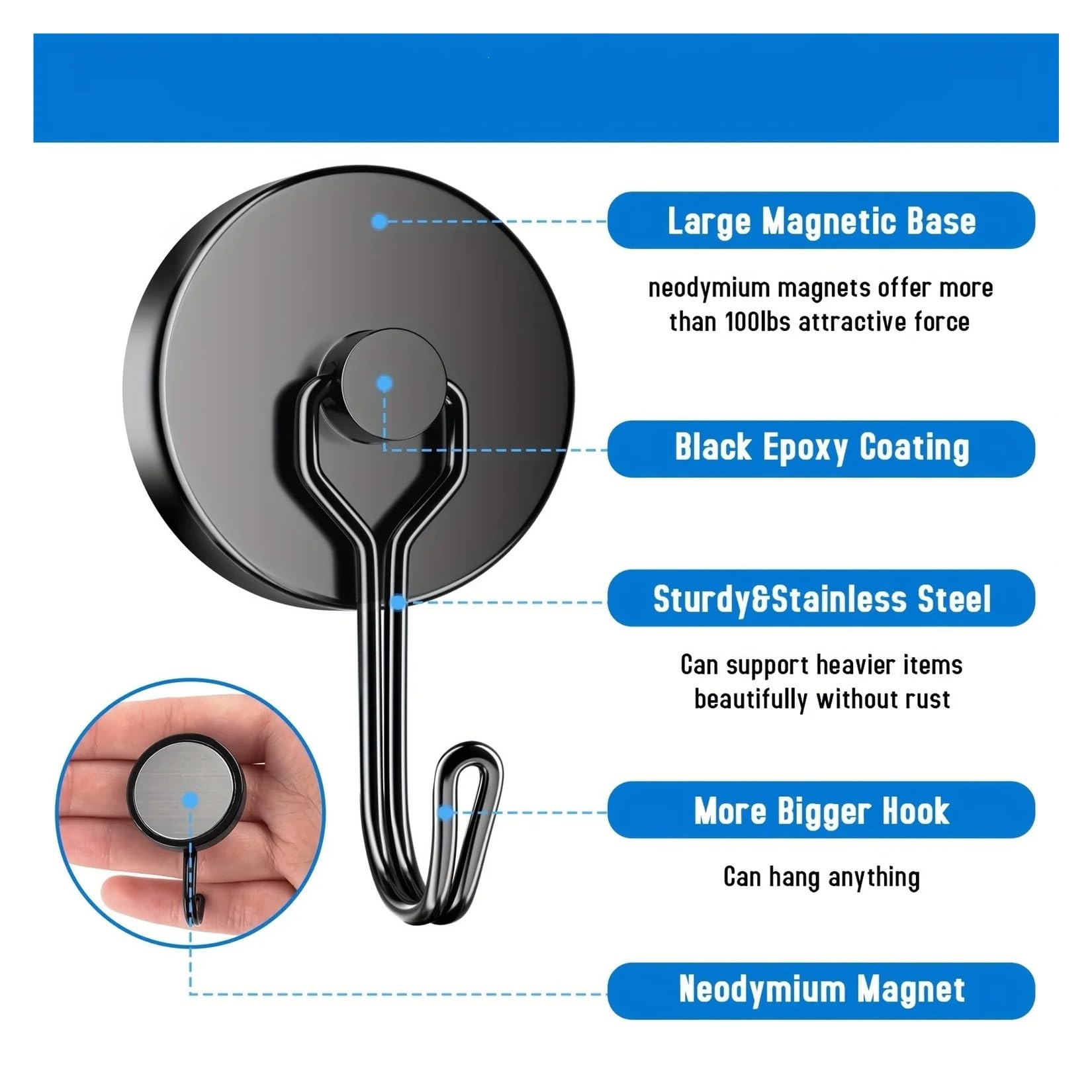 Ganci Appendiabiti Ganci magnetici for famiglie, resistenti, magneti al neodimio in terre rare da 110 libbre con ganci for appendere in cucina, casa, posto di lavoro per bagno o cucina(Black 6Pcs)
