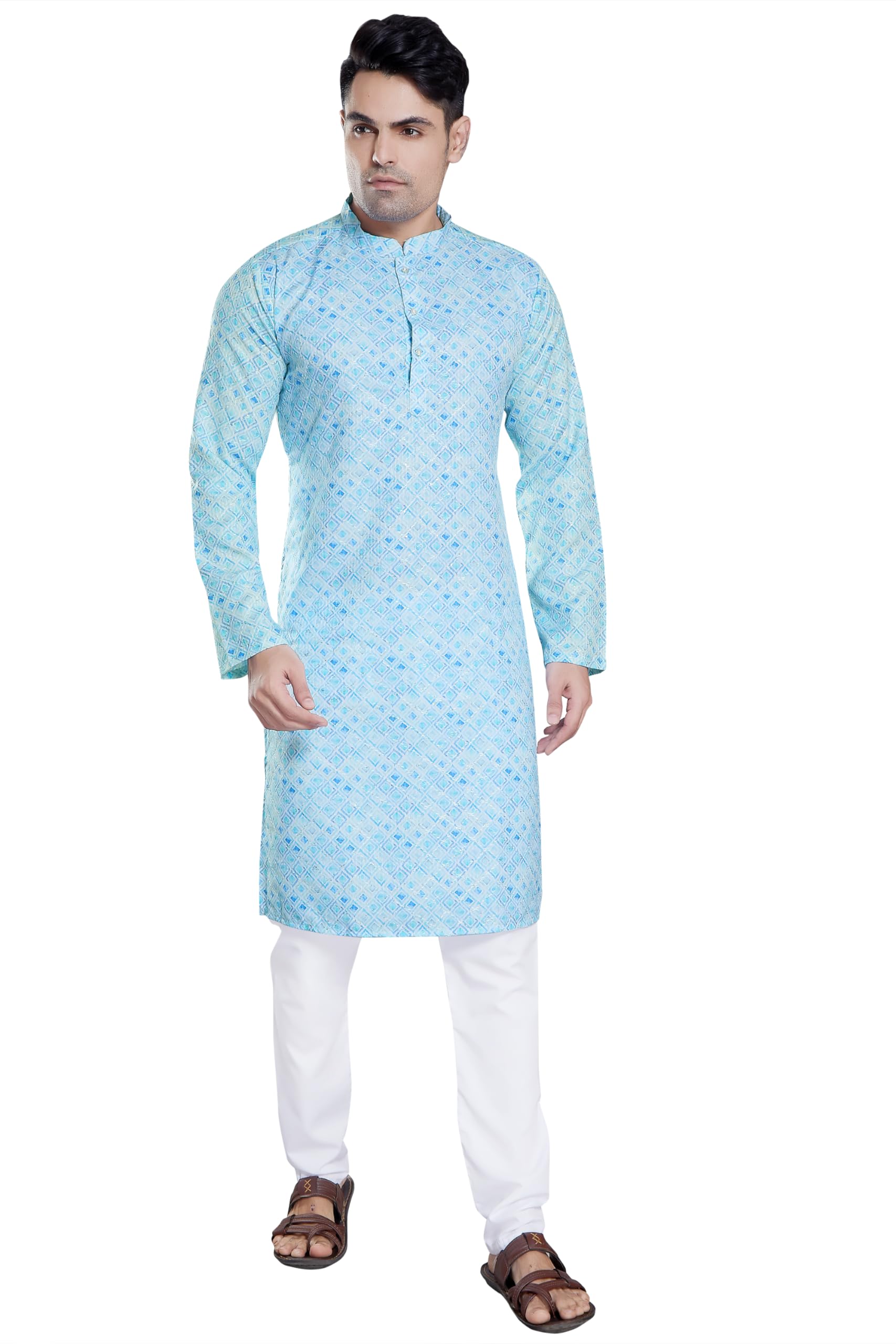 Divisive Men's Sequince Embroidered Printed Cotton Blend Only Slim Fit Kurta (Dkrt120_Xl_Blue)