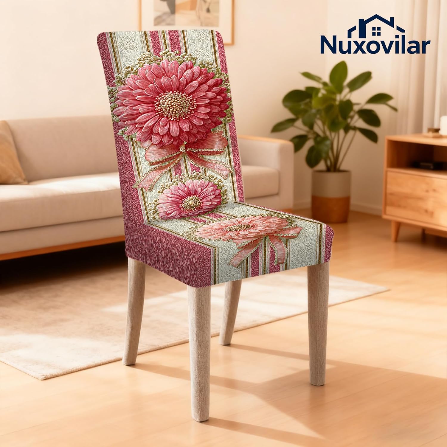 Nuxovilar Pink Floral Ribbon Striped Background Chair Covers Stretch 23.6x70 Inches - Dining Chair Slipcovers Set of 6 Covers for Romantic Bedroom Living Room Special Event