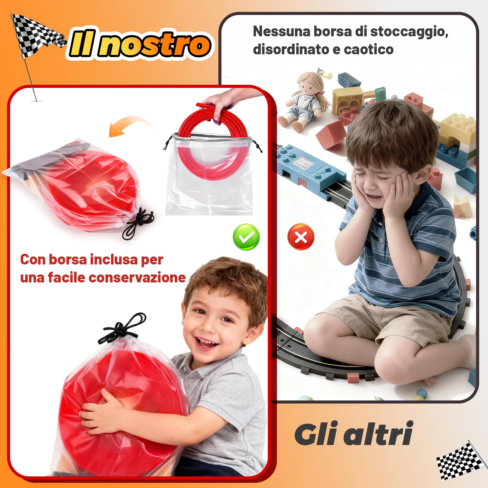 Pista Macchinine 5M Pista Flessibile Macchinine 4 Macchinine 2 Rampe 1 Borsa Portaoggetti 4 Ventose Regalo Flexible Car Track per Bambini 4 5 6 7 Anni (Rosso)