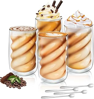 Tapvai 4er Set Cappuccino Tassen 250ml, Latte Macchiato Gläser Doppelwandig, mit 4 Löffeln, Gläser hitzbeständig, Kaffeegläser aus Borosilikatglas Isolierende, Espressotassen, Eiskaffee
