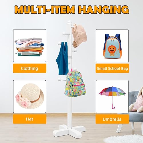 Vista 6 de Perchero de ropa, Percheros independientes con 8 ganchos, 2 alturas ajustables, Perchero de árbol para dormitorio, pasillo, entrada, oficina, Blanco