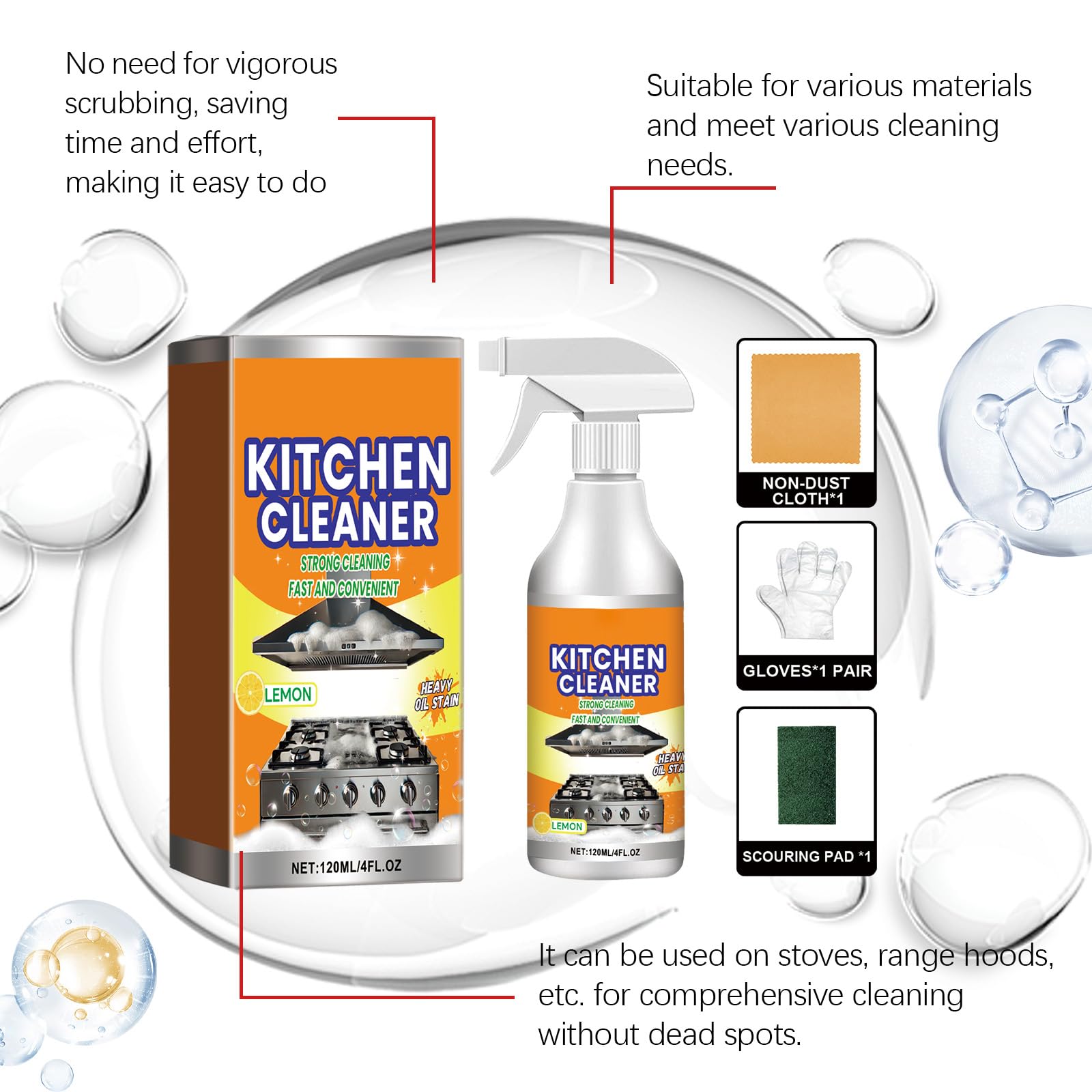 Leistungsstarker Küchenschaumreiniger, Mehrzweck-Reinigungsspray ohne Spülung, Allzweck-Entfetter für Gerät, Backofen, Herd, Dunstabzugshaube, entfernt Fett und Schmutz (5PCS)