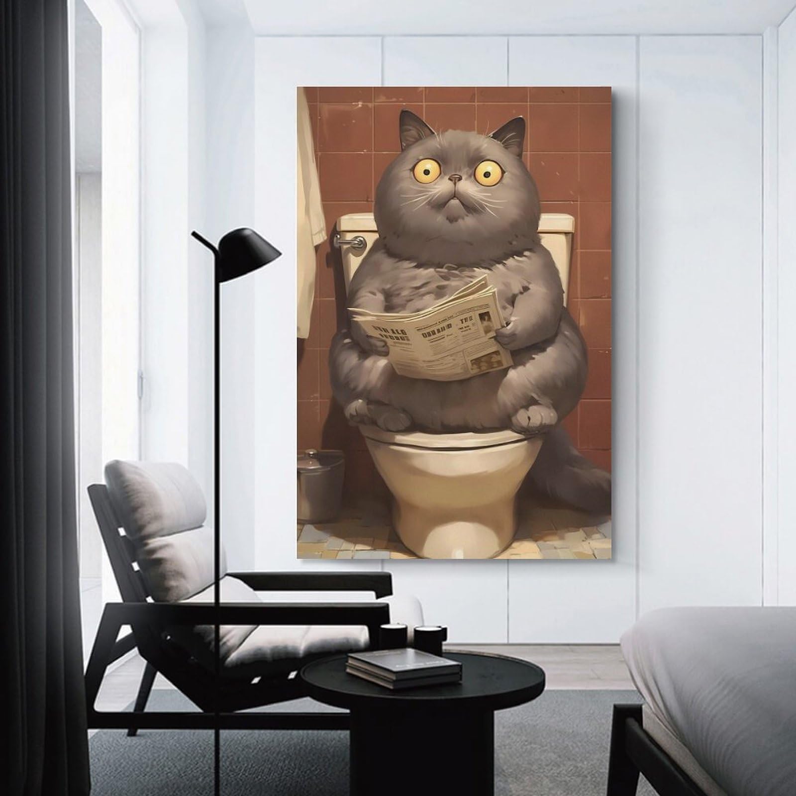 Junmoney Surprised Cat on Toilet Canvas Art Print 20x30inch(50x75cm), for Entrance Spaces, Stair Walls Or Halls, Wall Decor to Refresh Empty Corners