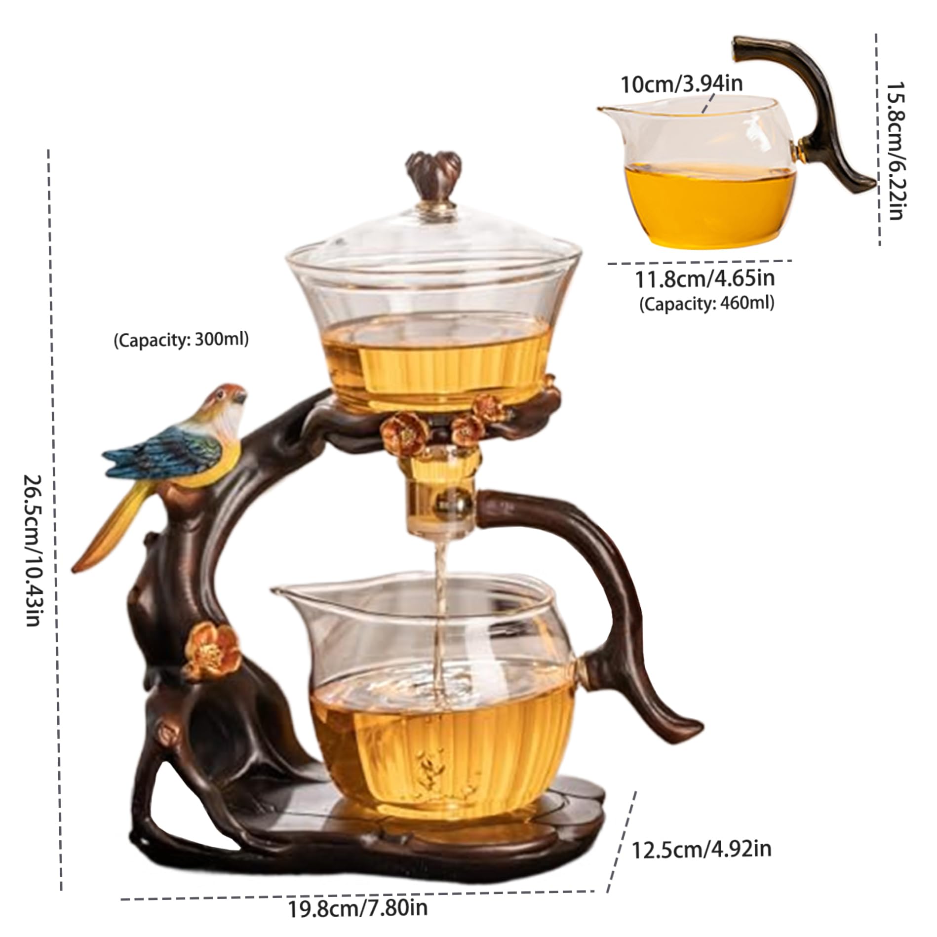 Teiera magnetica, set di tè semi -automatico, teiera magnetica in vetro borosilicato alto con infusore, 300 ml+460 ml di teiera magica, 7.8x4.9x10.4 set da tè Kung Fu per l'ufficio di casa, teapot ma