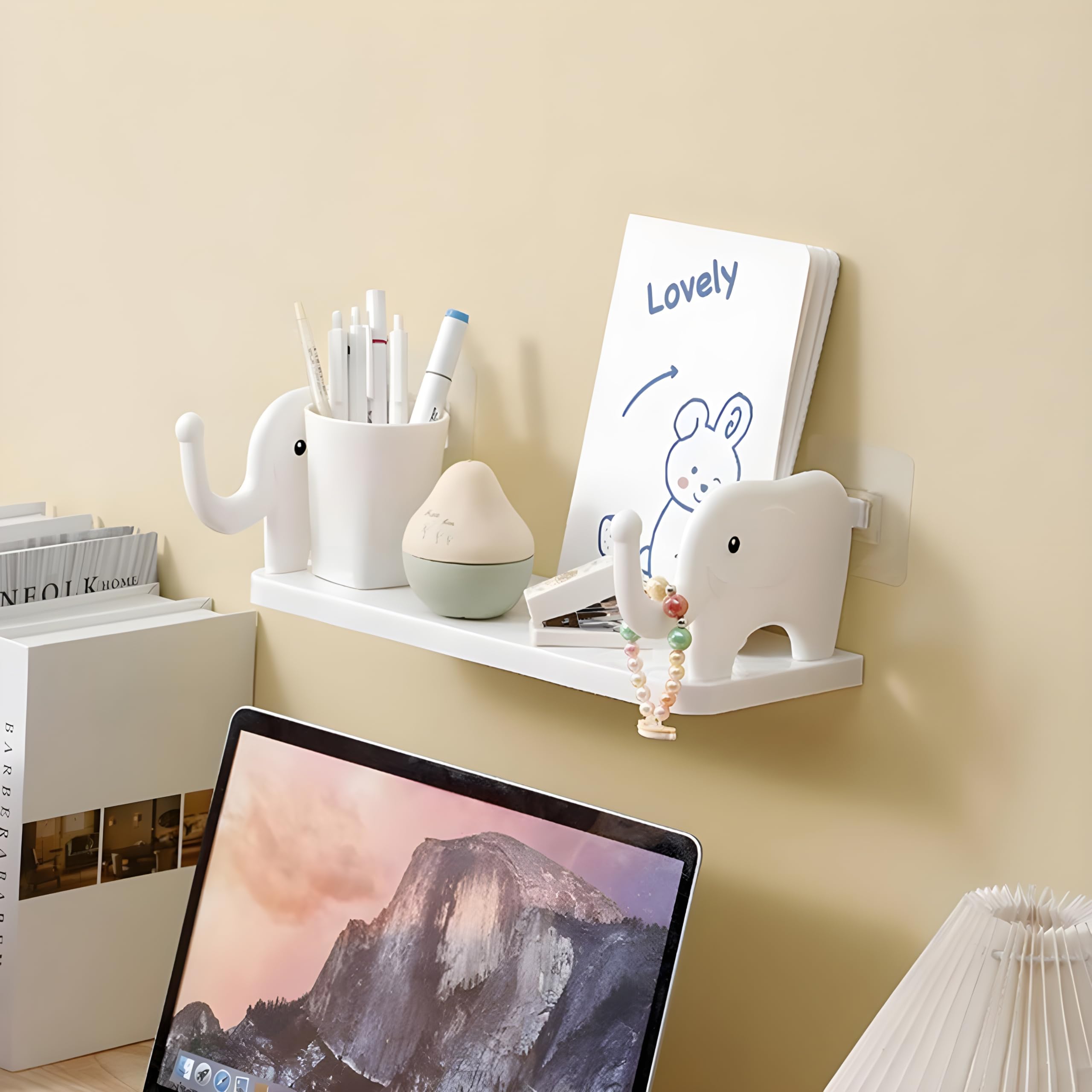 Elephant Shaped Storage Shelf Adhesive Floating Mini Storage Rack Creative Cute Elephant Shelf Organizer for Kitchen Bathroom Bedroom Study - Plastic