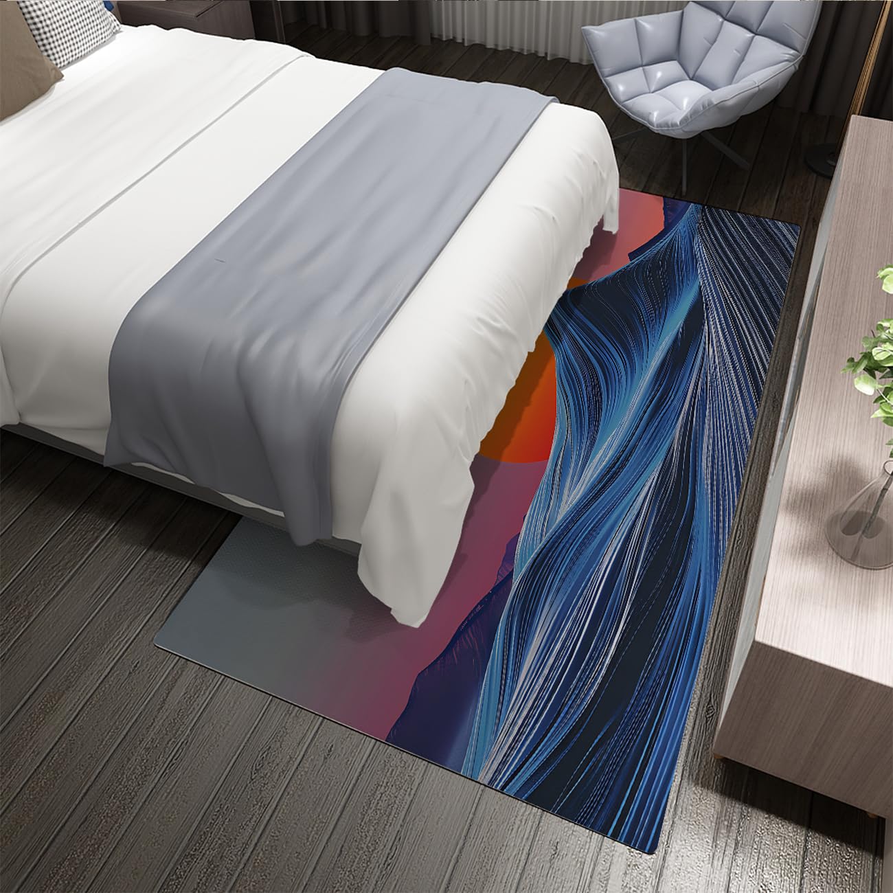 Waschbare Teppiche Abstract Ocean Wave Sunset Scene Area Teppich Boho Sun Anti-Rutsch-Teppich für Wohnzimmer Büroeingang Weiche niedrig florierte Blaue Türmatte 160x200cm