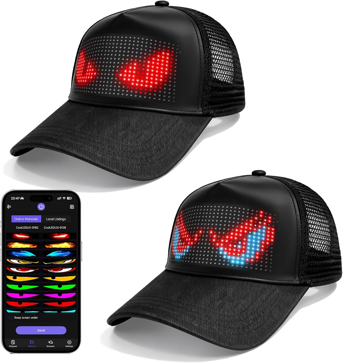 Bright LED Hats, Full-Color LED Display Smart LED Caps, Programmable Rolling Custom...