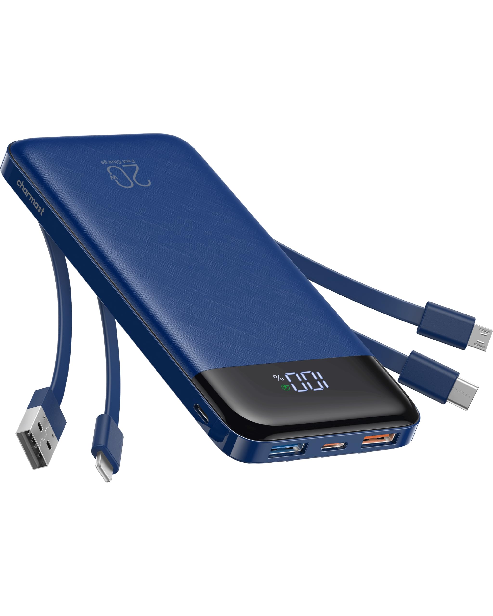 Charmast Power Bank da 20000 mAh con 4 cavi integrati, caricabatterie portatile veloce da 22,5 W per iPhone, Android, iPad, non sono necessari cavi aggiuntivi per viaggi, lavoro, emergenza (blu)