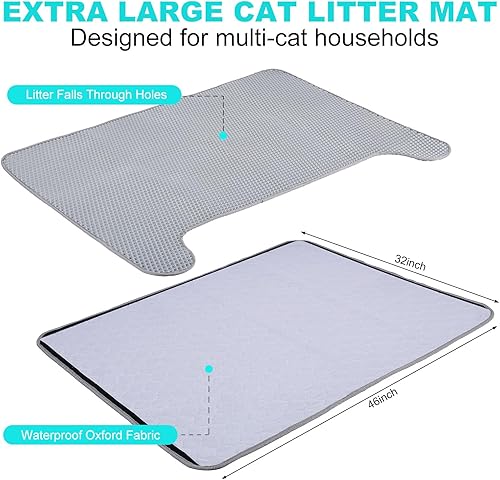 Miniatura 5 de Tapete grande de arena para gatos de 46 x 32 pulgadas, tapete de doble capa para atrapar arena para gatos, a prueba de orina e impermeable,