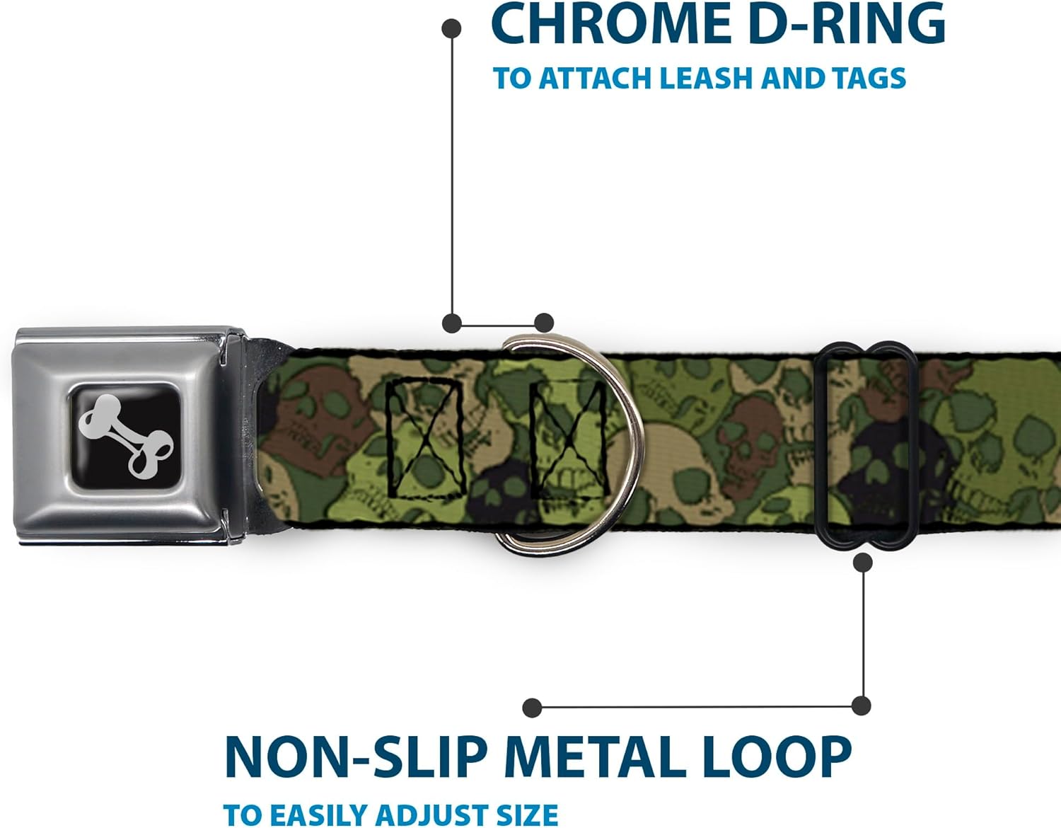 Dog Collar Seatbelt Buckle Camo Olive Skull Yard 9 to 15 Inches 1.0 Inch Wide