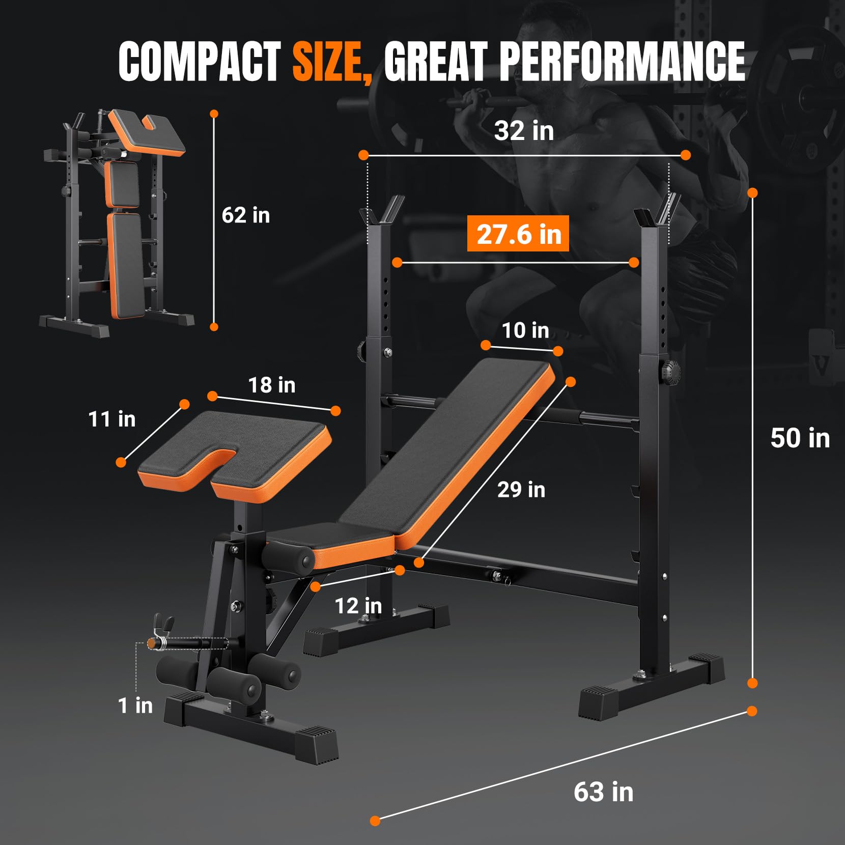6 in 1 Weight Bench Set for Home Gym, Adjustable & Foldable Weight Bench, Workout Bench with Squat Rack for Bench Press Sit up Incline Flat Decline