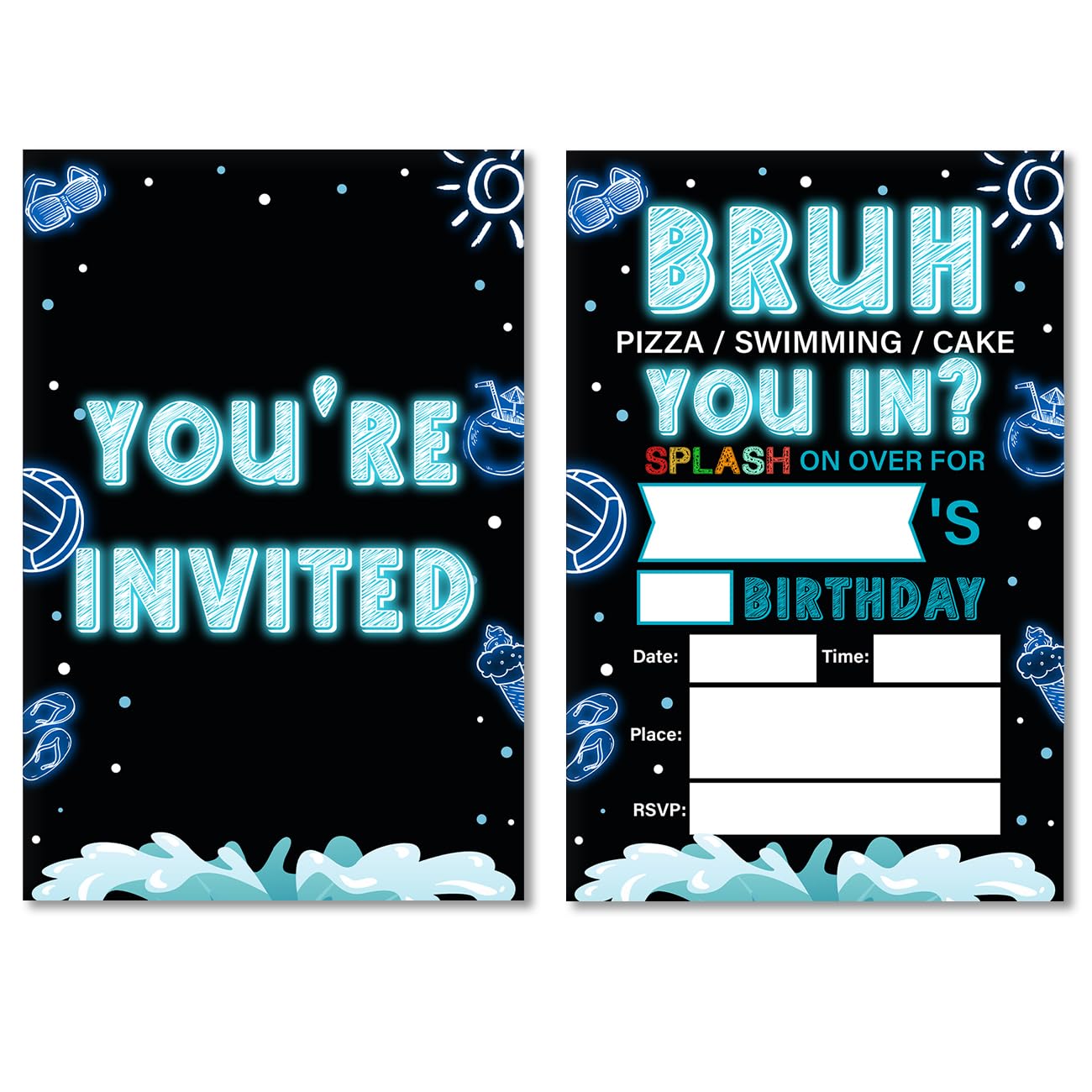 Soiceu Neon Teen Boy Pool Birthday Invitations Bruh Pool Birthday Party Invites Teenager Birthday Invitations with Envelopes Set of 20