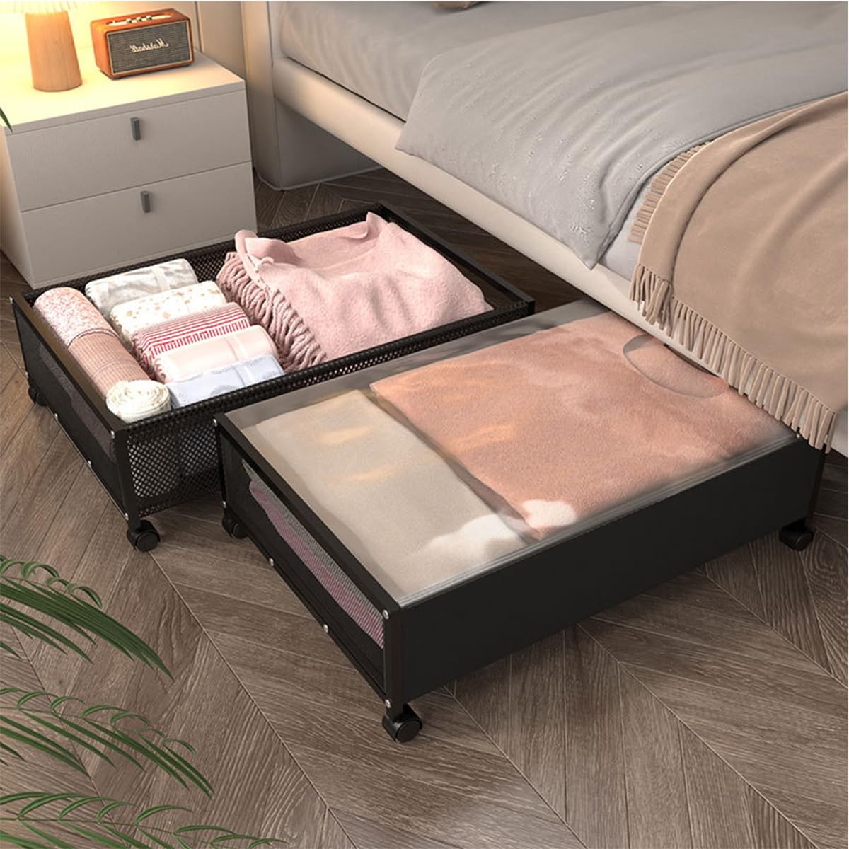 Coffrets De Rangement Sous Le Lit Transparents - Lot De 2, 100x50x15 Cm - Anti-poussière, Pliables - Pour Couettes, Vêtements