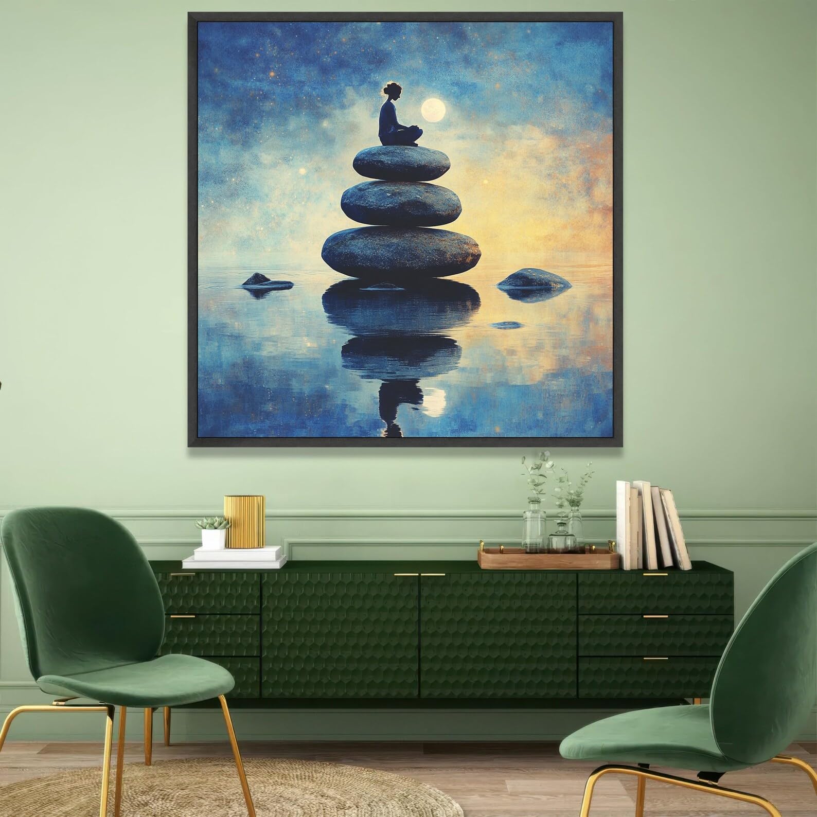 Xinbao Frameless Meditation Scene, Balanced Stones Canvas, Spiritual Yoga Wall Art, Zen Reflection Art, Calm Waters Home Decor Painting(55X55cm/Frameless)