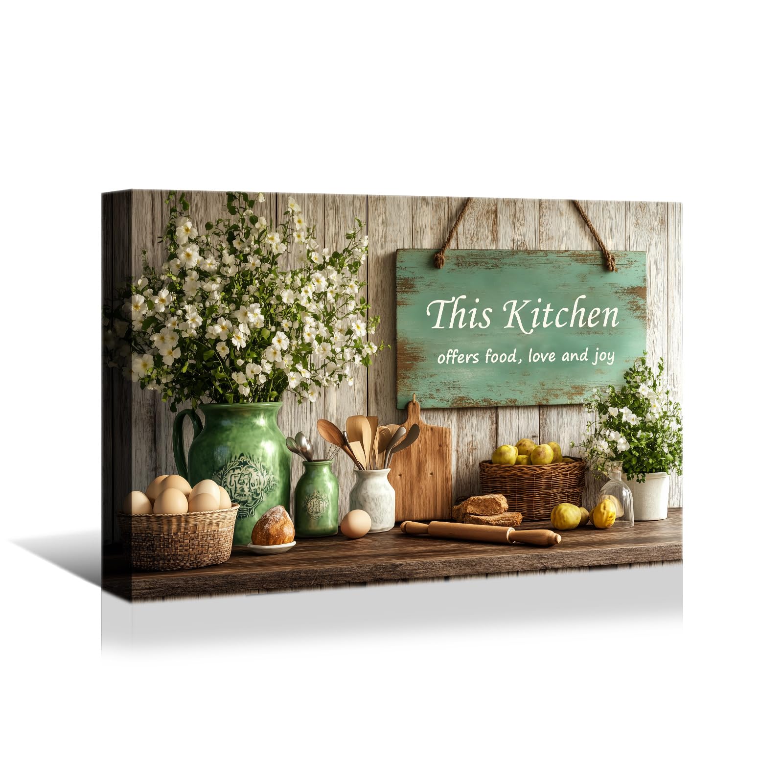 superbpag Vintage Kitchen Wall Art Wrapped Canvas Decor - 16x12 inches Rustic Farmhouse This Kitchen Offers Food Love and Joy Painting Picture for