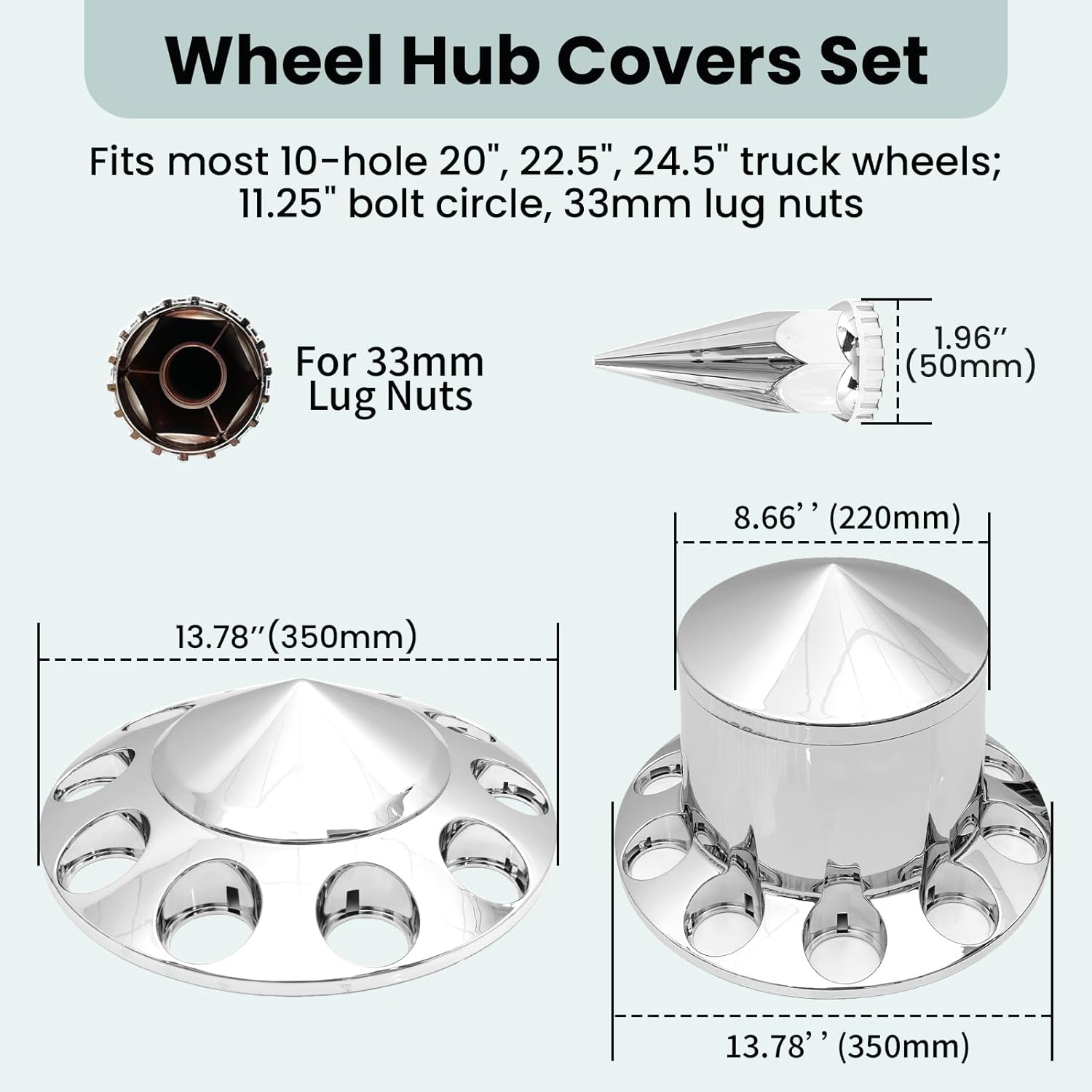 Lug Nut Covers 33 mm Spiked Axle Cover Set Chrome Front and Rear Axle Complete Wheel Cover Set Removable Hub Caps Screw-on for Semi Truck (2 Front + 4 Rear)