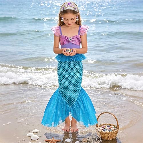 Miniatura 4 de Disfraz de sirena para niñas pequeñas, lentejuelas, vestido de fiesta para niños pequeños, bebés, disfraz de Halloween con accesorios
