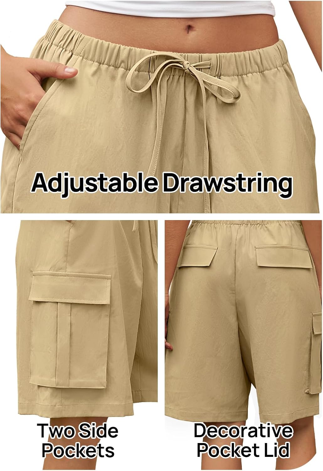 MEROKEETY Women's Summer Casual Cargo Shorts Elastic Waist Drawstring Hiking Bermuda Shorts with Pockets - Image 5