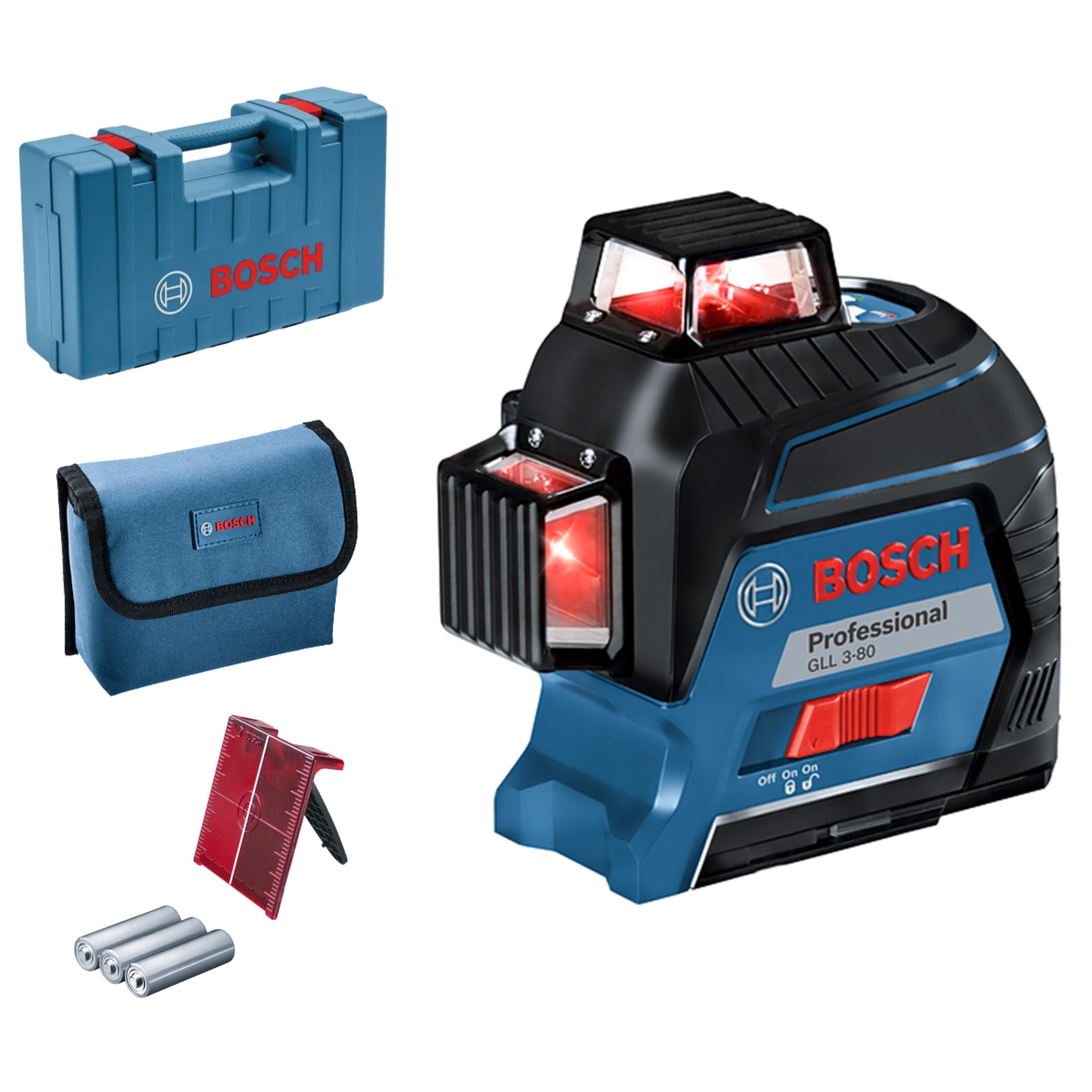 Bosch Professional Niveau Laser Lignes GLL 3-​80 (laser rouge, pour l'intérieur, portée : jusqu'à 30 m, 4 piles AA, dans coffret de transport)
