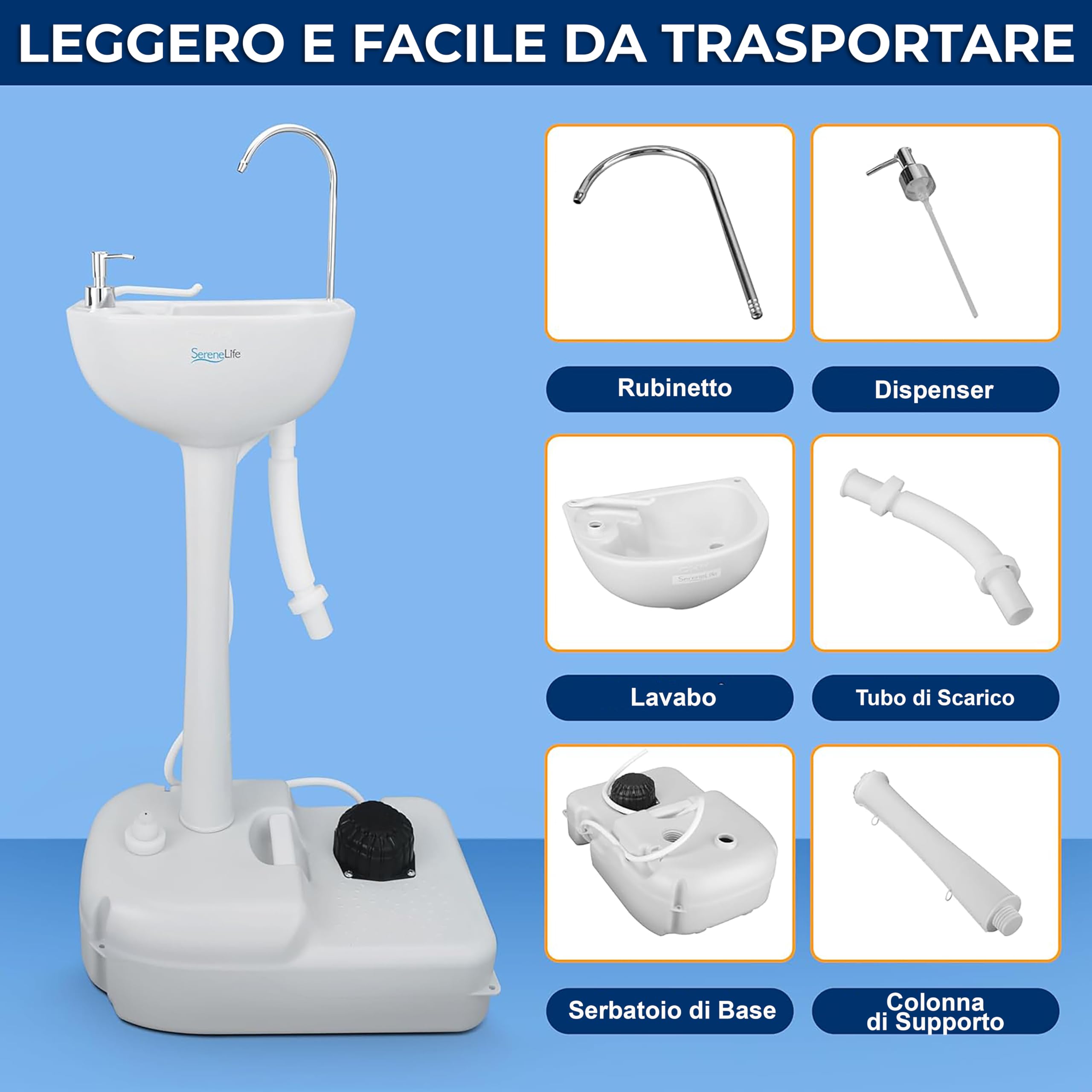 SereneLife Lavandino da Esterno, Lavandino Portatile da Campeggio con Rubinetto, Serbatoio Acqua, Dispenser di Sapone e Porta Asciugamani