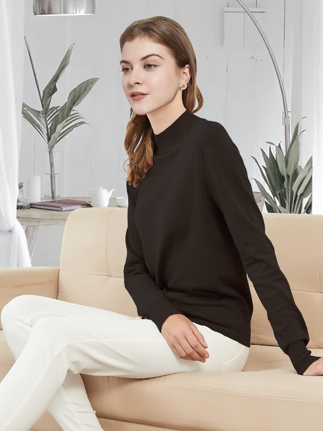 Woolicity Womens Mock Neck Sweater Long Sleeve Knit Pullover Tops Casual Lightweight Jumper Loose Pullover Tops - Image 2