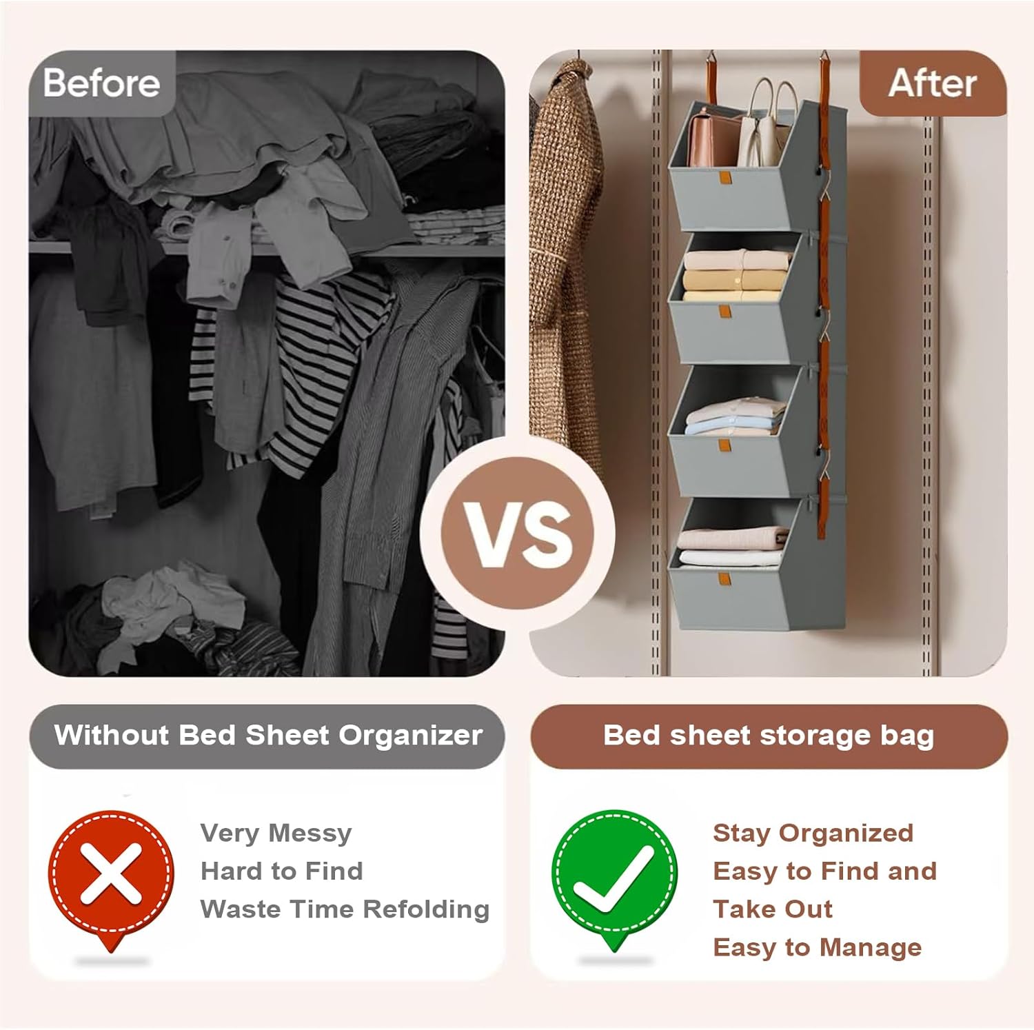 The 4-tier closet organizer hanging inside a wardrobe, filled with folded clothes and bags.