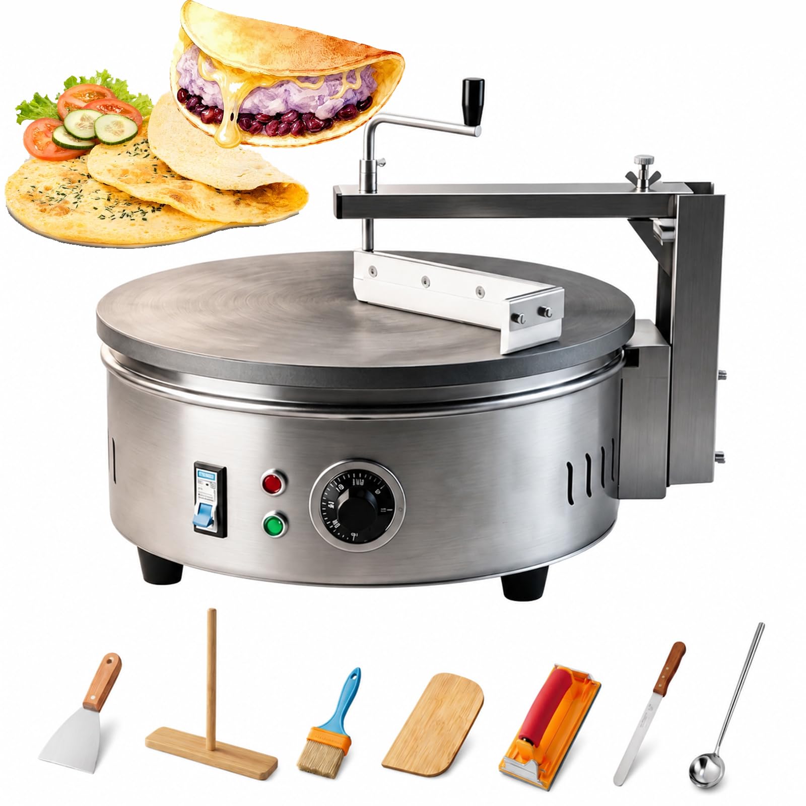 Máquina Eléctrica para Crepes Y Tortitas, Plancha Comercial De 40 Cm, Control Termostático De 2500 W, Placa Antiadherente Fácil De Limpiar, con Juego Completo De Herramientas
