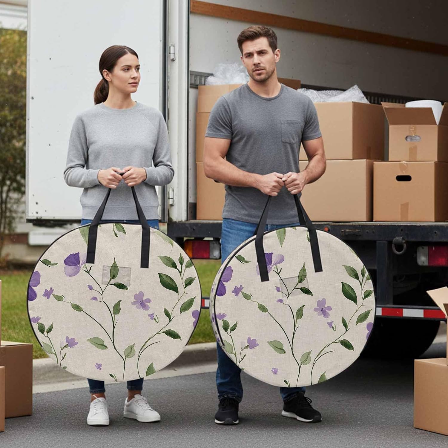 Spring Flowers Round Storage Bag 36 Inch, Purple Floral Leaf Vintage Clothes Storage Container with Handles Heavy Duty Organizer for Comforter, Bedding & Holiday Wreaths