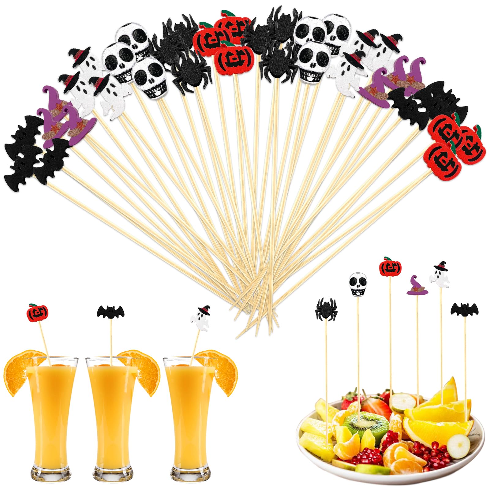 100 Spiedini Da Cocktail ENLACE A Tema Halloween – Legno 12cm – Forme: Fantasmi, Zucche, Ragni – Per Buffet E Finger Food