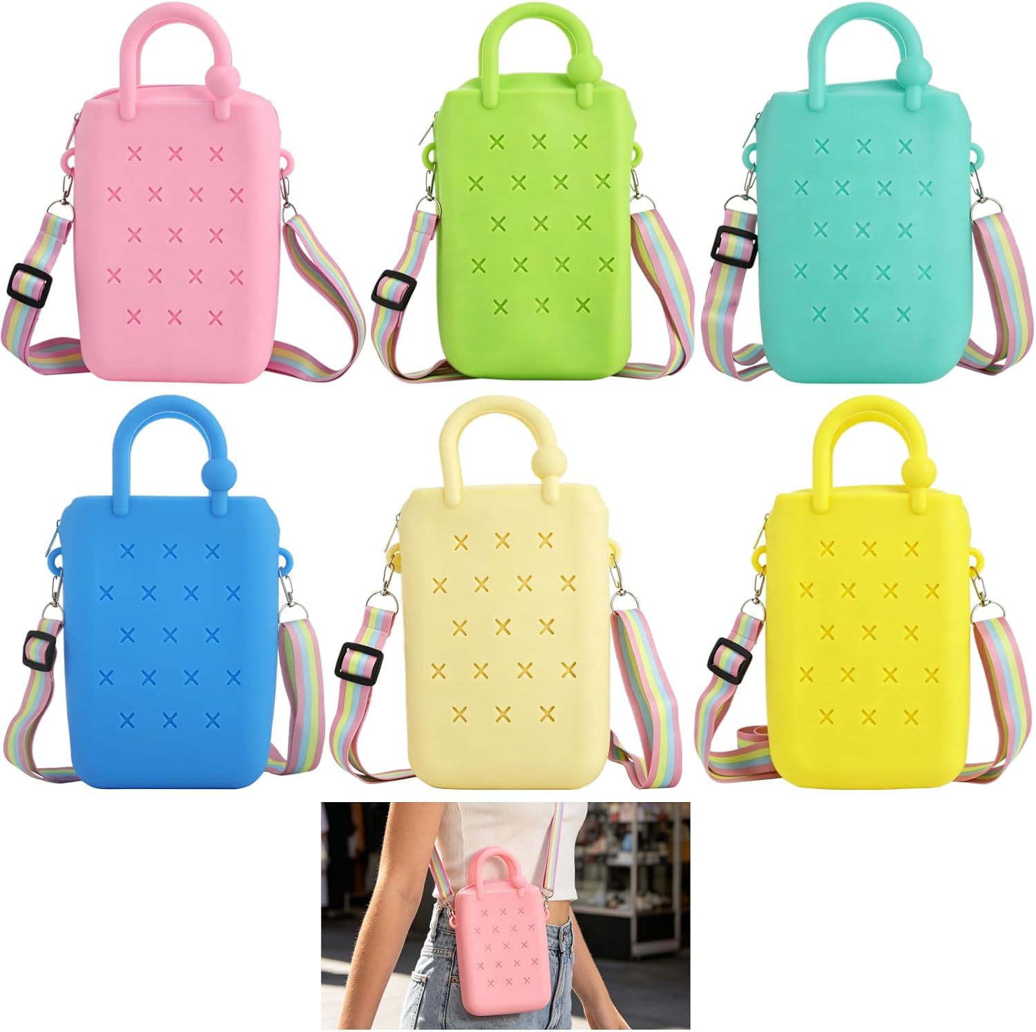6 Pcs Silicone Small Crossbody Bags, Lightweight Jelly Tote Bag with Drainage Holes, Multi-colored Waterproof Outdoor Shoulder Purses for Beach, Pool, Parties, Travel