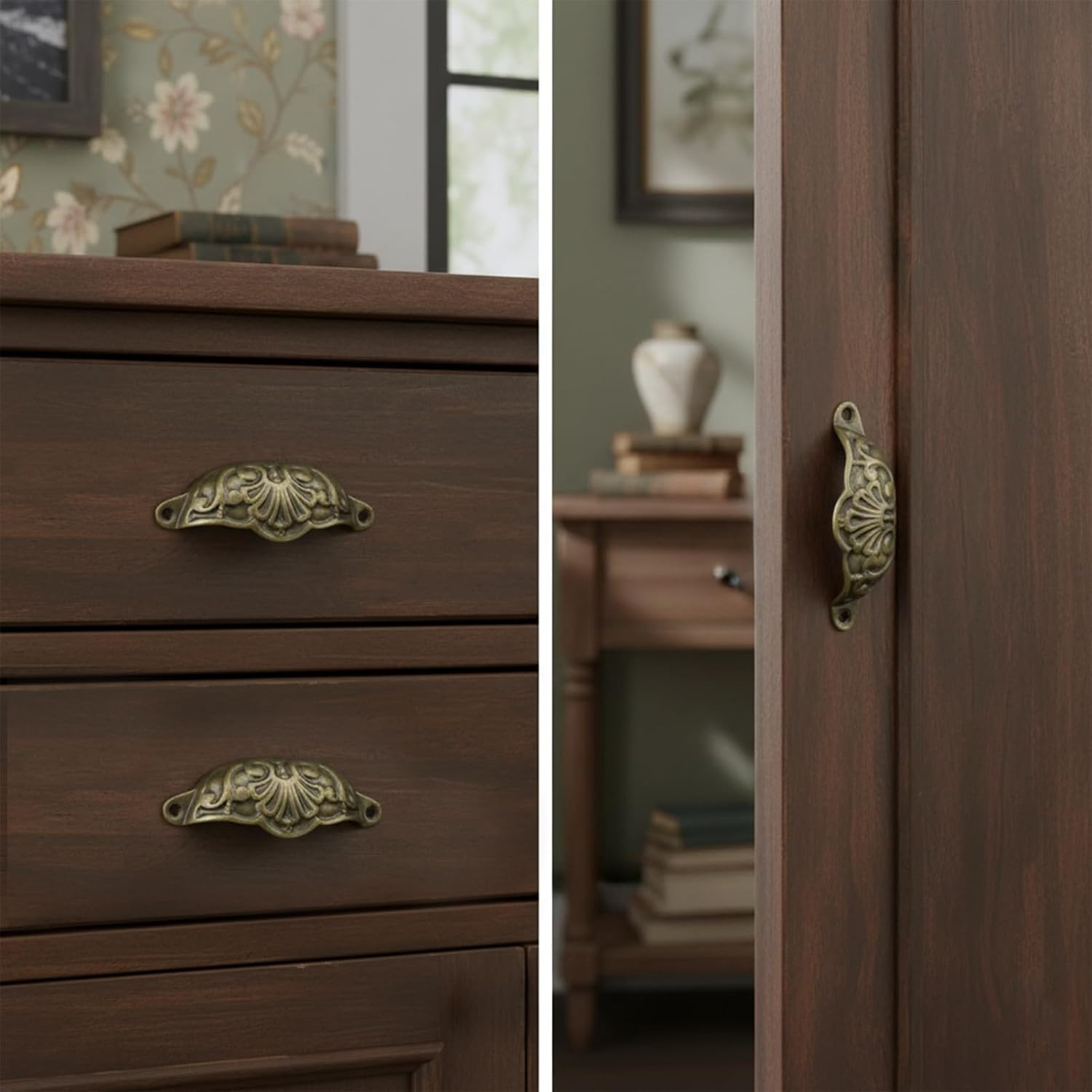 10 PCS Cup Pull Handles Shell Shape Handle Pull Knobs with Mounting Screws for Cupboard Kitchen Cabinet Drawer Dresser (Antique Brass, 3.46" Hole Center)