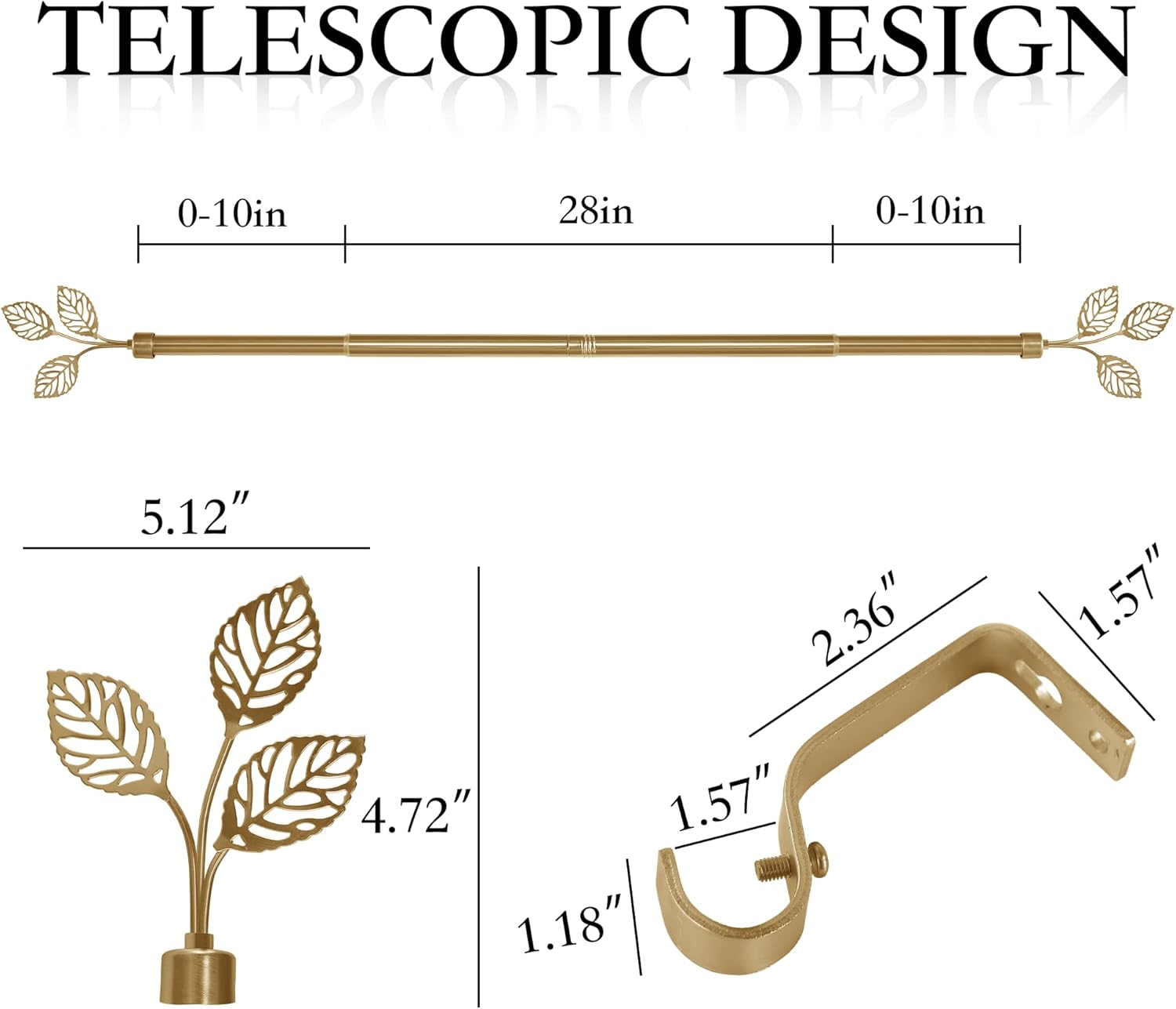 RYB HOME Small Curtain Rod 1 Inch Diameter Decorative Leaf Finials Telescoping Stainless Steel Heavy Duty Curtain Rods for Cafe Kitchen Closet Patio, Adjustable 28-48 Inches, Easy to Install, Gold