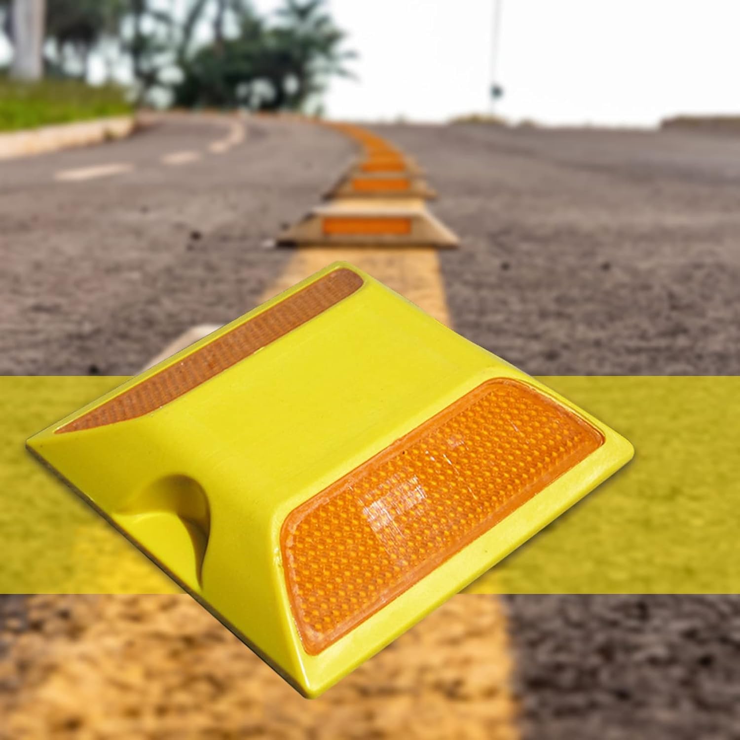 6 Pièces Réflecteurs Routiers 9,5 x 9,5 cm, Réflecteurs Routiers Doubles en Plastique Jaune Indicateurs de Broche d'Allée, pour Collisions de Vitesse, Passages pour Piétons, Autoroutes et Allées