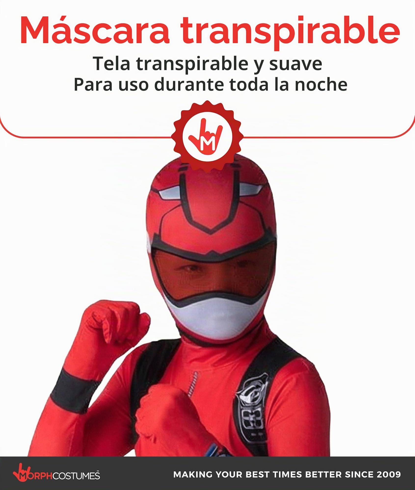 Morphsuits Disfraz Power Ranger Niño, Disfraz Halloween Niño | Mono Integral Rojo con Capucha & Visera, Cierre de Cremallera, Perfecto para Halloween, Ideal para Cosplay