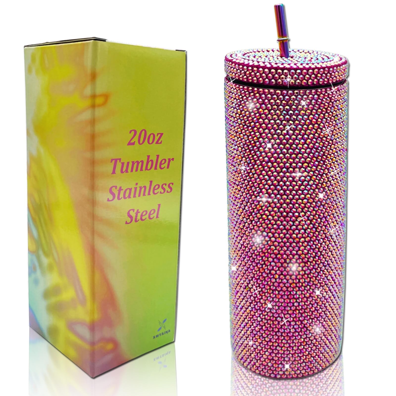20oz Bling Diamond Tumbler with Lid and Straw Studded Skinny Tumbler Stainless Steel Vacuum Insulated Water Bottle Double Wall Iced Coffee Mug Reusable Glitter Cups (Rose)