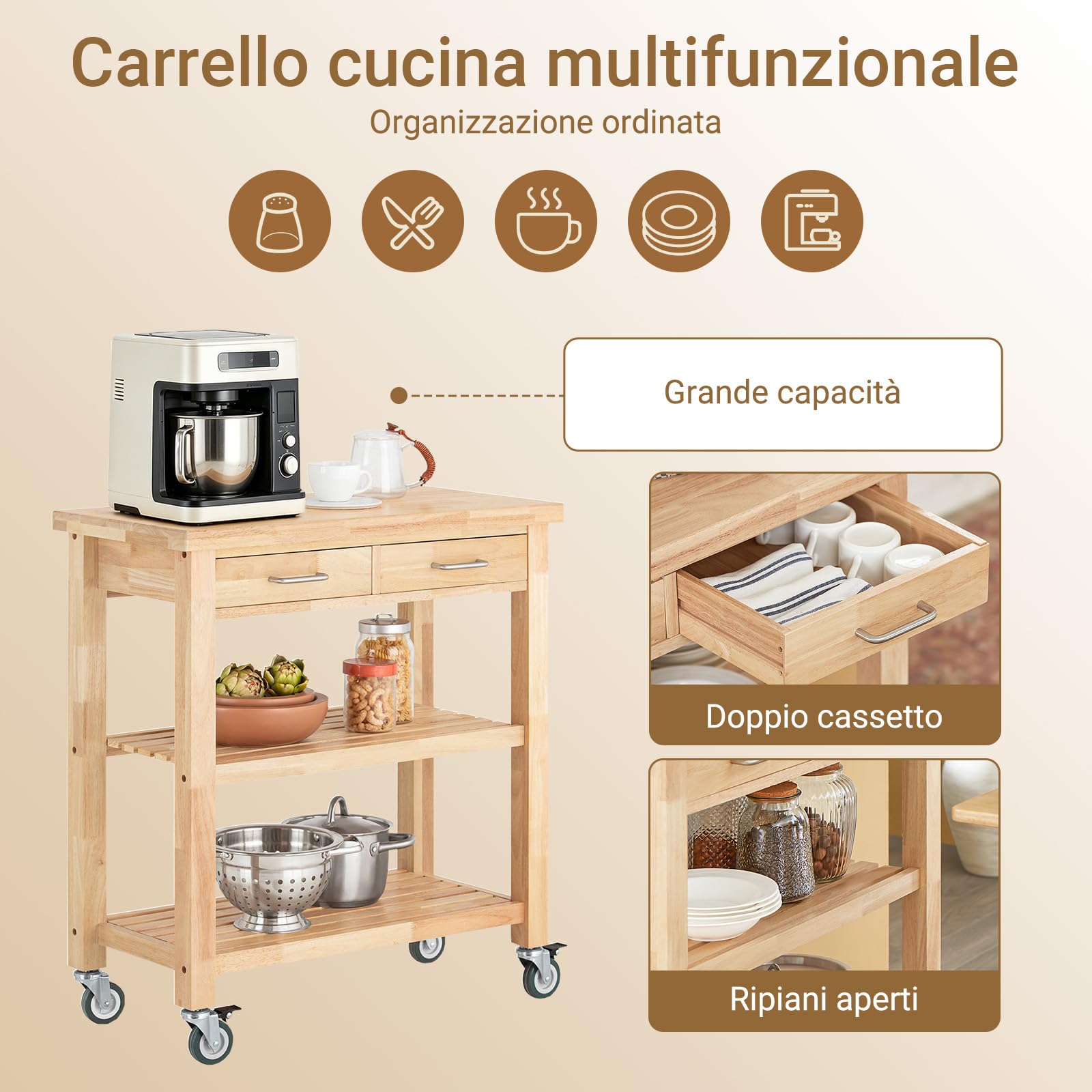SoBuy Carrello da Cucina con Ruote, Mobile Cucina Salvaspazio in Legno Massiccio di Hevea – Mobile Soggiorno Credenza con 2 Cassetti e 2 Ripiani 80x40x90 cm FKW24-II-N