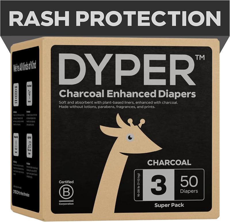 DYPER Charcoal Enhanced Diapers | Baby Diapers from Plant-Based* & Honest Materials | Day & Overnight Diapers | Disposable Diapers for Sensitive Skin (Size 3, 50, Count)