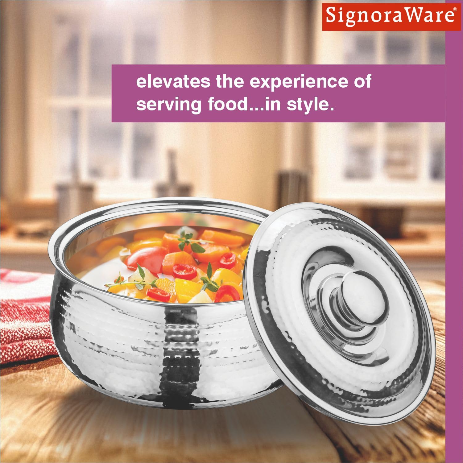 Signoraware Hot Delight Hammered Stainless Steel Casserole | Airtight Lid | Retain Freshness | Great For Travelling or Small Gatherings | Perfect For Hot Curry, Chapatti & Rice (2.1 Ltr | Steel) 3