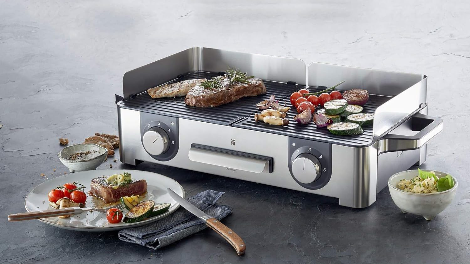 WMF Lono Master-Grill Elektrogrill 2400W 50x28 cm Edelstahl matt Tischgrill mit Windschutz