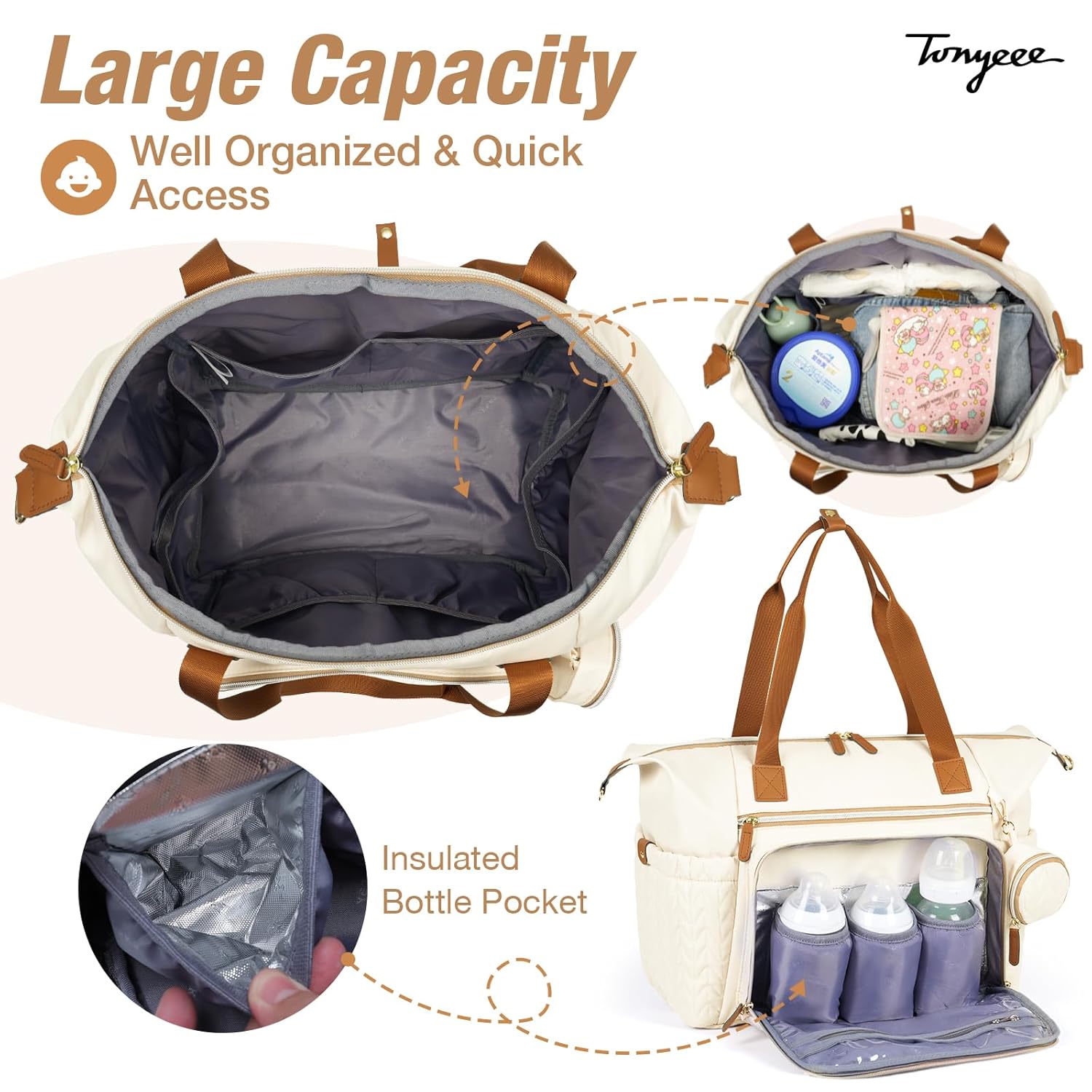Diaper Bag Tote, Large Baby Diaper Bags Waterproof, Hospital Bag for Labor Delivery with Pacifier Case, Changing Pad, Shoulder Strap, Beige - Image 3